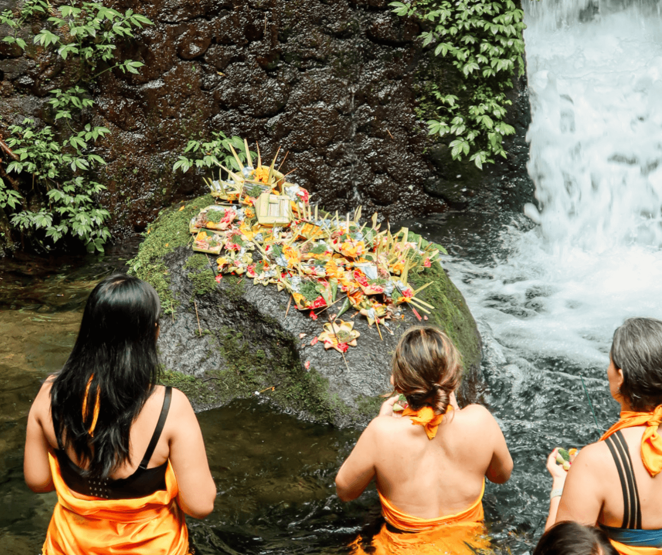 women doing bali healing ceremony at holy spring temple placing flower offerings 